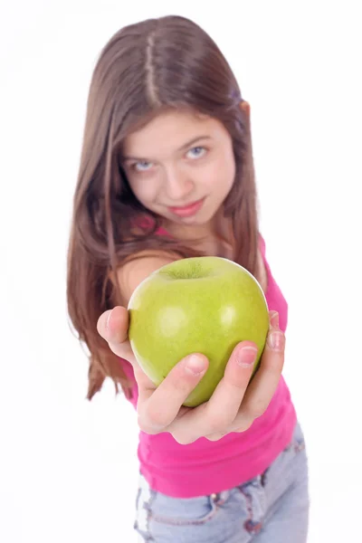Young woman rith green fresh apple — Stock Photo, Image
