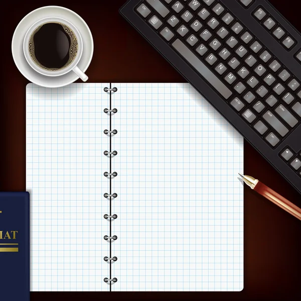 コーヒー キーボードとメモ帳でオフィスの机 — ストックベクタ
