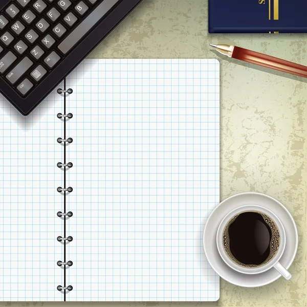 Mesa de escritório com café teclado e bloco de notas —  Vetores de Stock