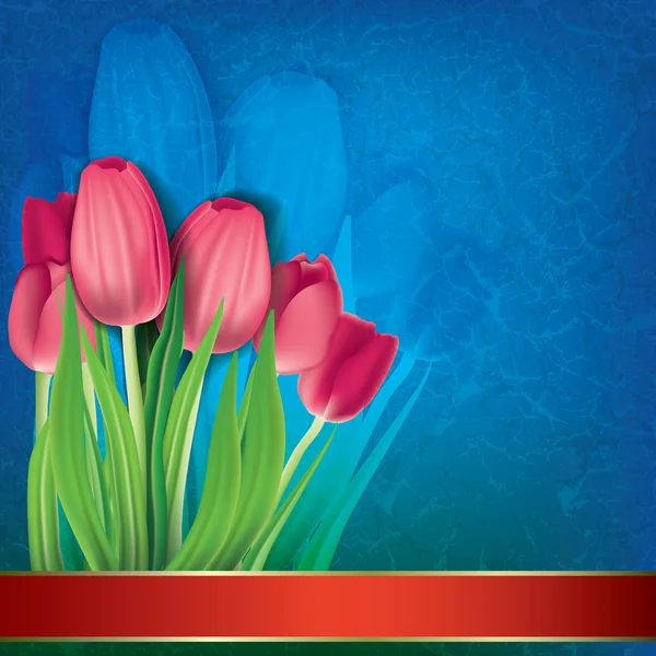 Astratto grunge sfondo floreale con tulipani su blu — Vettoriale Stock