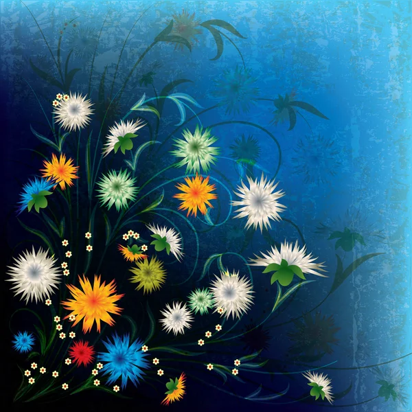 Illustration grunge abstraite avec des fleurs printanières sur bleu — Image vectorielle