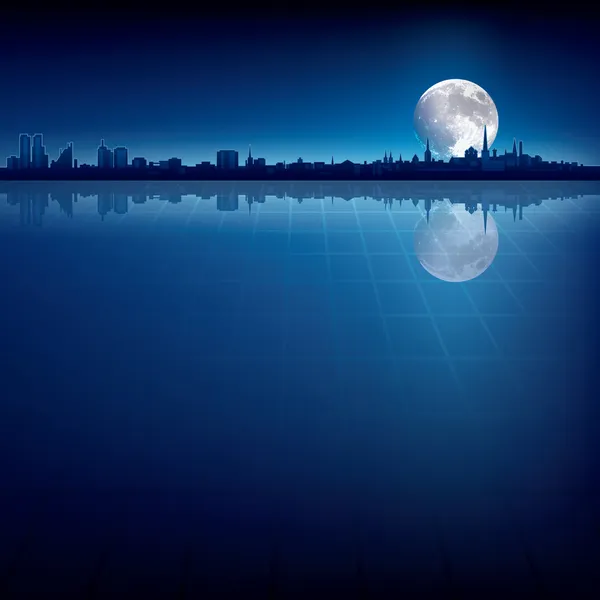 Αφηρημένα φόντο με την σιλουέτα της πόλης και το φεγγάρι — Διανυσματικό Αρχείο