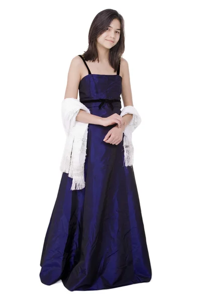 Young teen girl in dark blue dress gown isolated on white — Stock Photo, Image