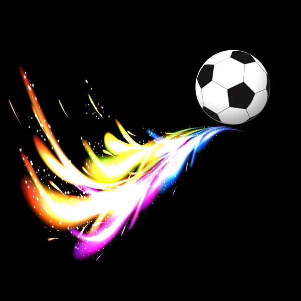 Ballon de football avec queue éclatante colorée sur fond noir . — Image vectorielle