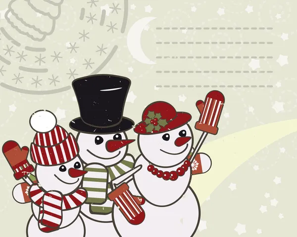 Ρετρό Χριστουγεννιάτικη κάρτα με την οικογένεια του χιονάνθρωποι. — Διανυσματικό Αρχείο