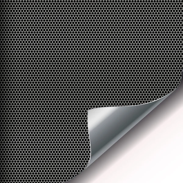 Metallnetzhintergrund mit sechseckigen Löchern und gebogener Ecke. — Stockvektor