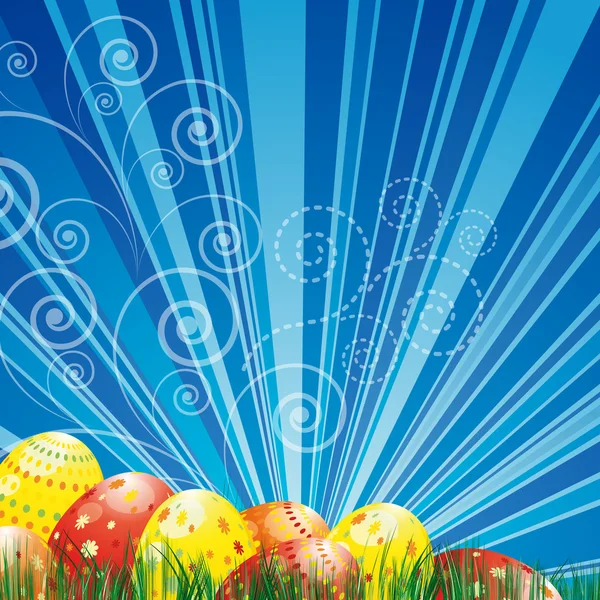 Sfondo di Pasqua con uova di Pasqua colorate su sfondo blu — Vettoriale Stock