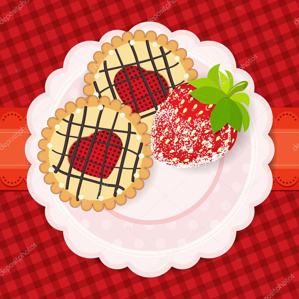 Sweet background. A couple of cookies and strawberries in sugar.