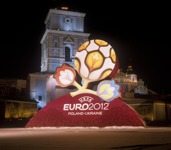 KYIV, UKRAINE-DECEMBER 14: Официальный логотип УЕФА Евро-2012. Af
