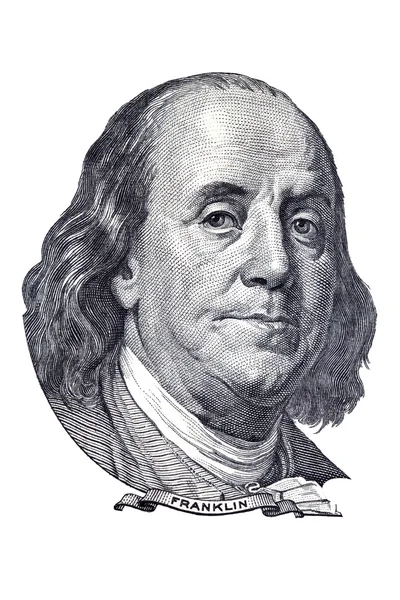 Retrato de Benjamin Franklin con billete de 100 dólares. Aislado sobre blanco . — Foto de Stock