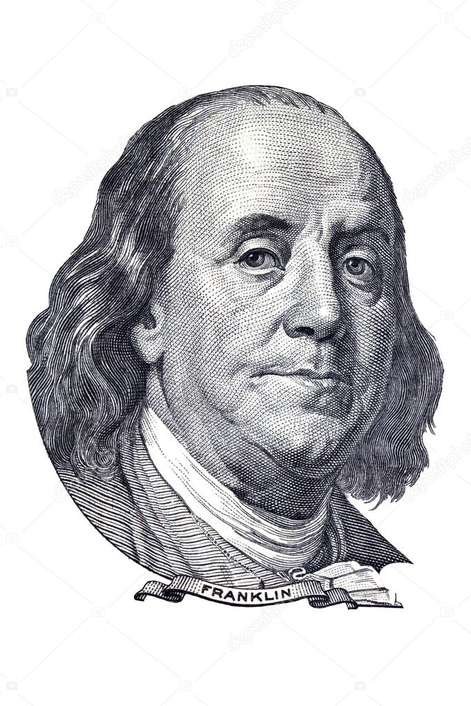 Benjamin Franklin portrait on $100 banknote. Isolated on white.