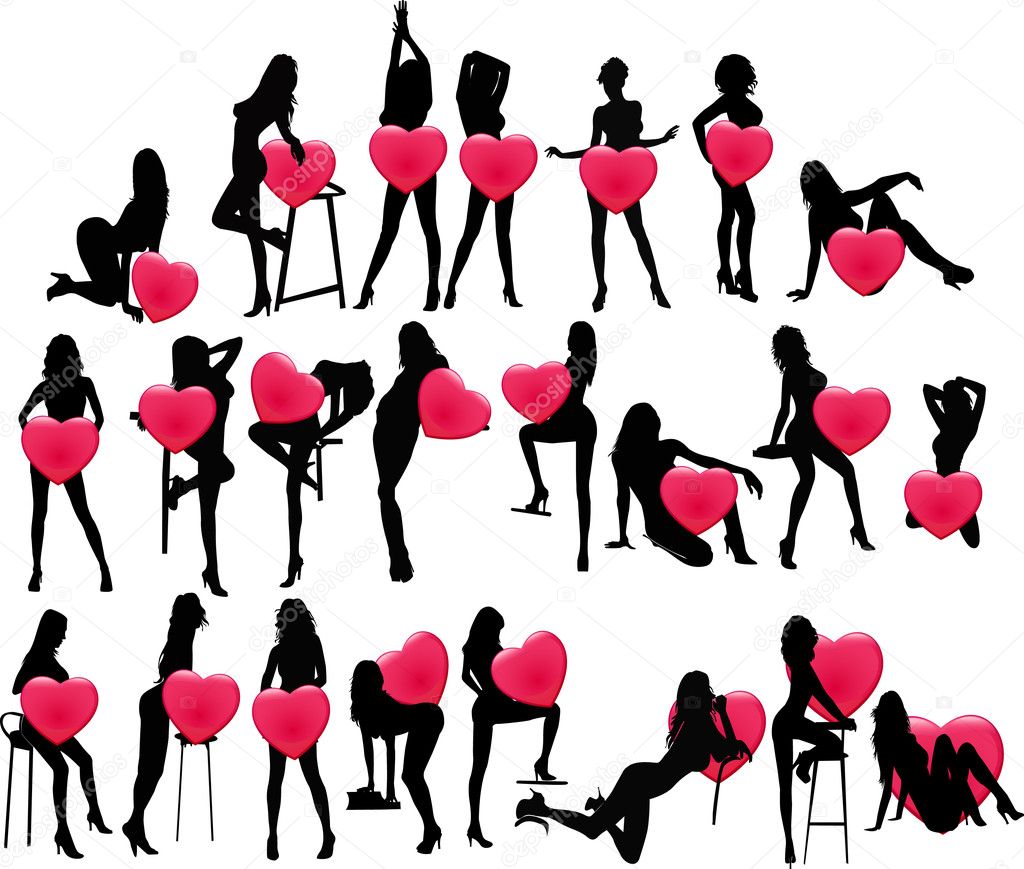Girls silhouettes with hearts vector illustration