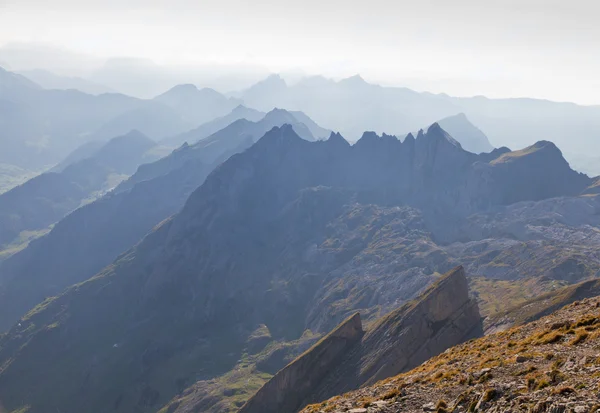 Bergets topp i dimma slöja, Schweiz — Stockfoto