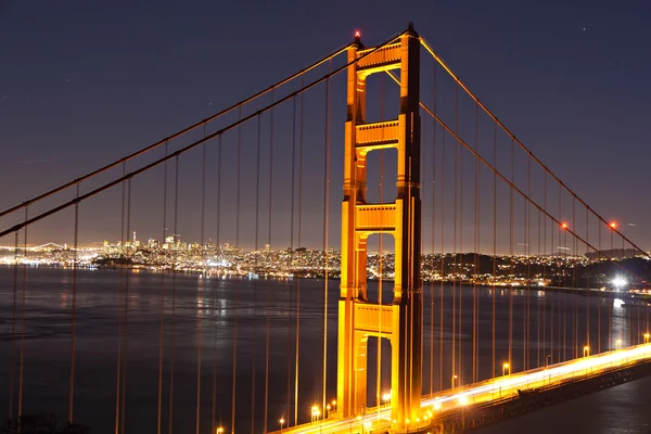 Lighted pylon of Golden Gate bridge — Stock Photo, Image