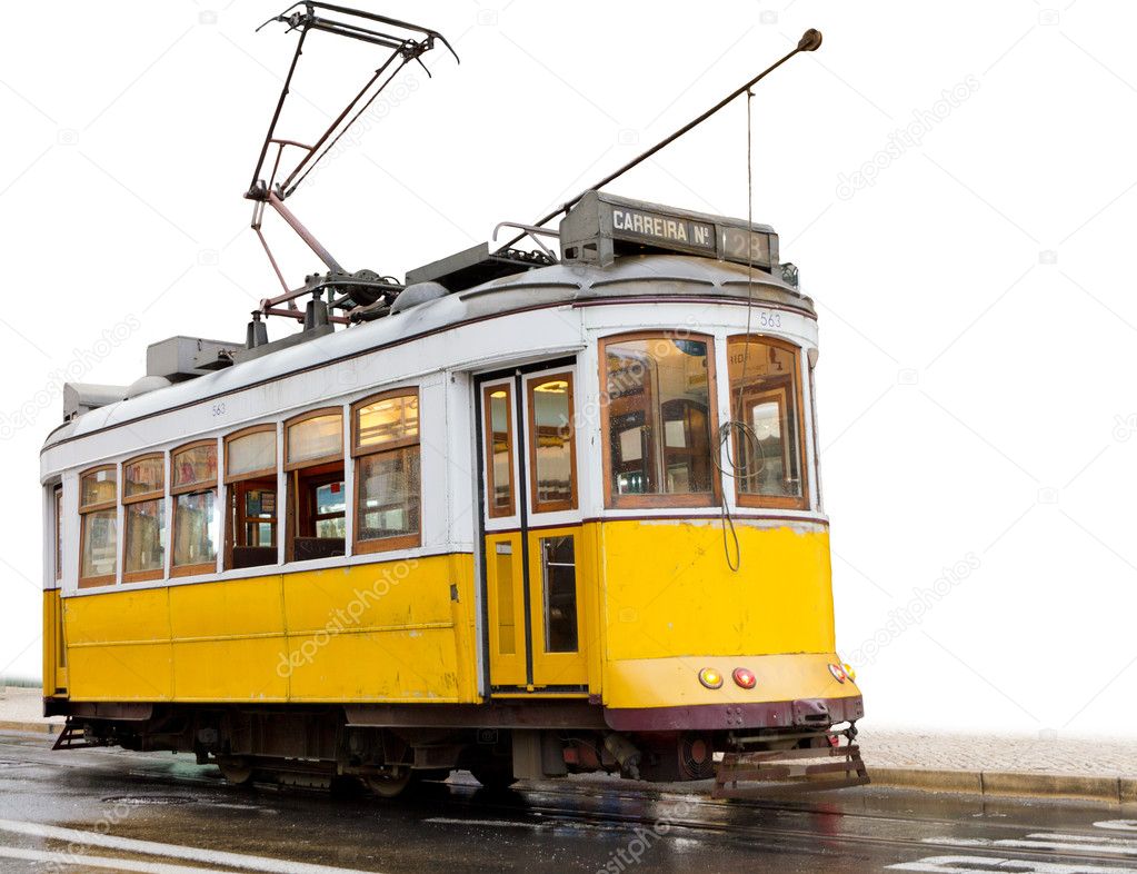 Classic yellow tram of Lisbon isolated on white