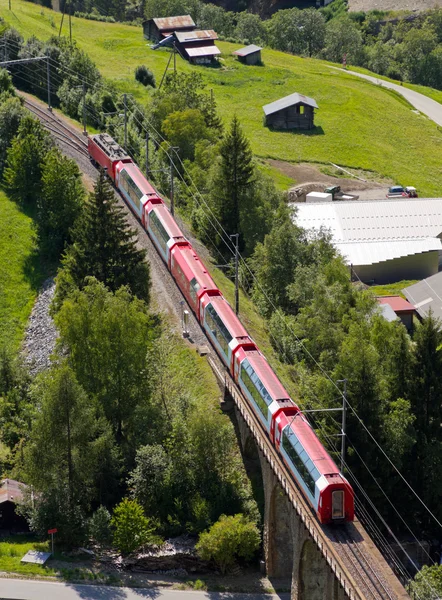 Glacier express panorama train crossing bridge and green rural valley, Vallais, Suíça — Fotografia de Stock