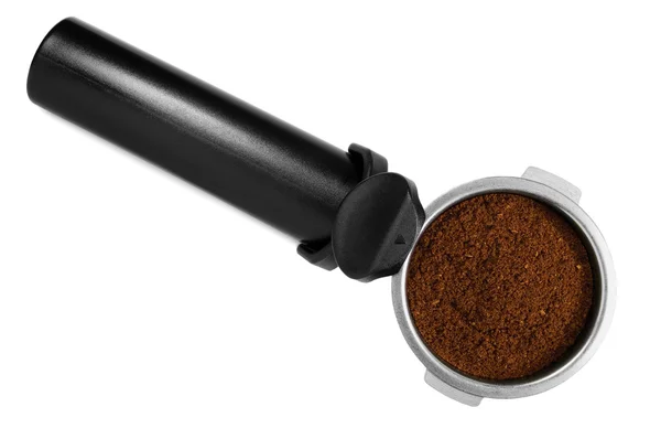 Schwarzer Filterhalter für Espressomaschine aus Edelstahl — Stockfoto