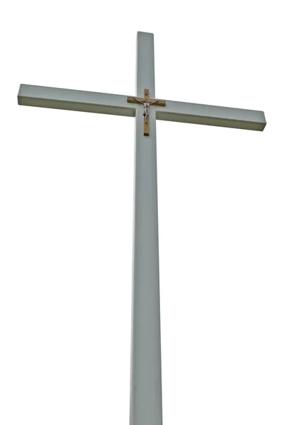 Crucifijo, cruz católica aislada gris claro, perspectiva vertical — Foto de Stock