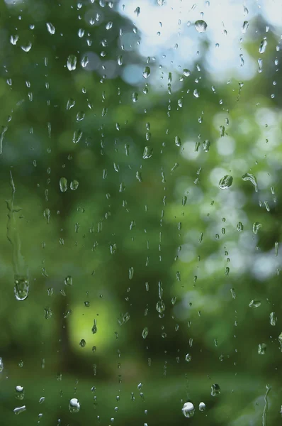 Rainy summer day, raindrops on window glass, macro closeup — Stock Photo, Image