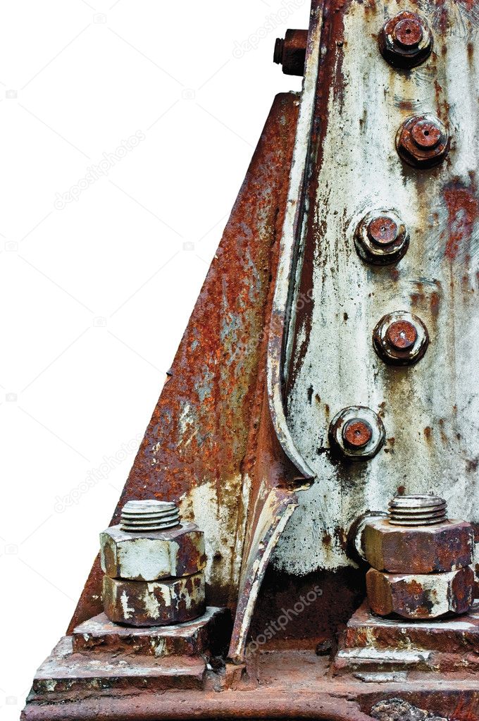 Old grunge rusty bolt joints, electricity pylon base crossbeam