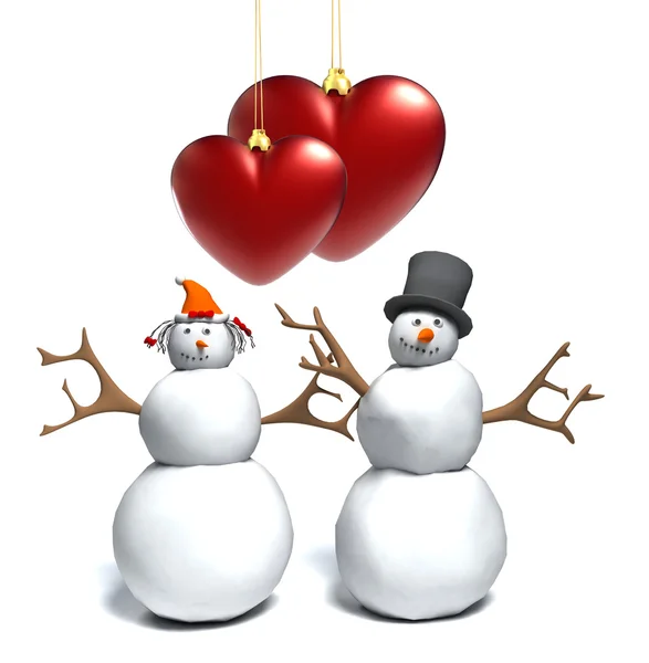 Bonhomme de neige heureux femme de neige, mignon couple enneigé, avec un coeur — Photo