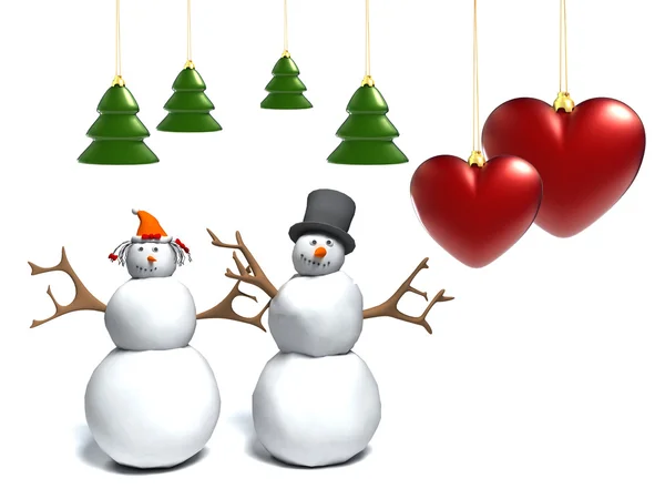 Boneco de neve e mulher neve, bonito casal nevado, com um coração — Fotografia de Stock