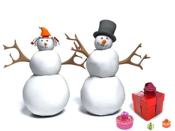 Felice pupazzo di neve e donna delle nevi con scatole regalo — Foto Stock