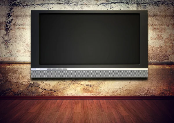 TV scherm grunge interieur, rusty wall houten vloer — Stockfoto