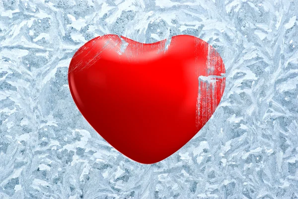 Red heart on frosty background — Stockfoto