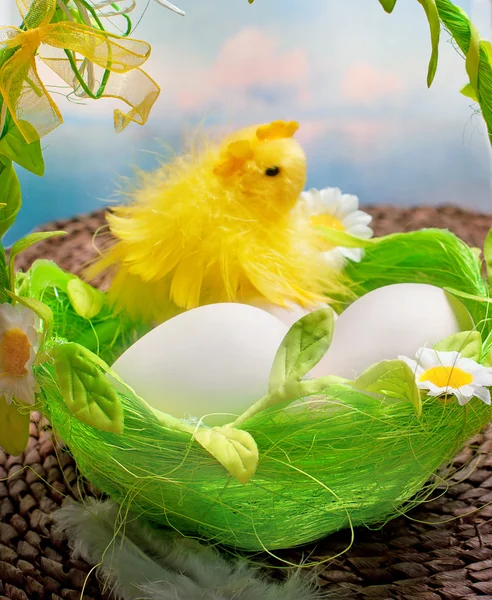 stock image Easter chick and eggs in basket