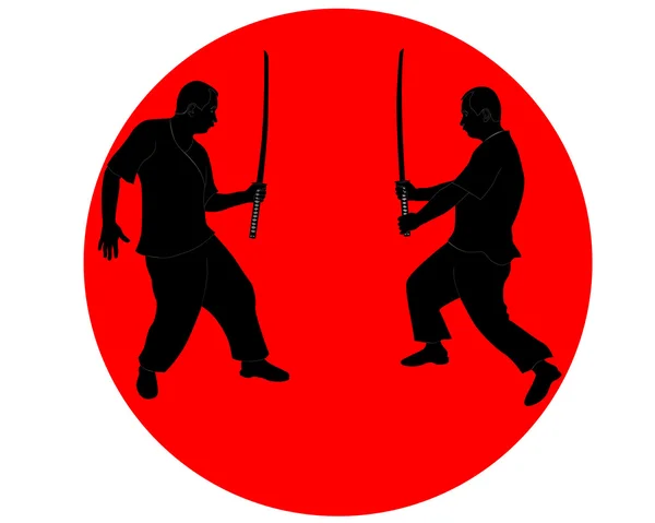 Hommes avec des épées japonaises dans le cercle rouge — Image vectorielle
