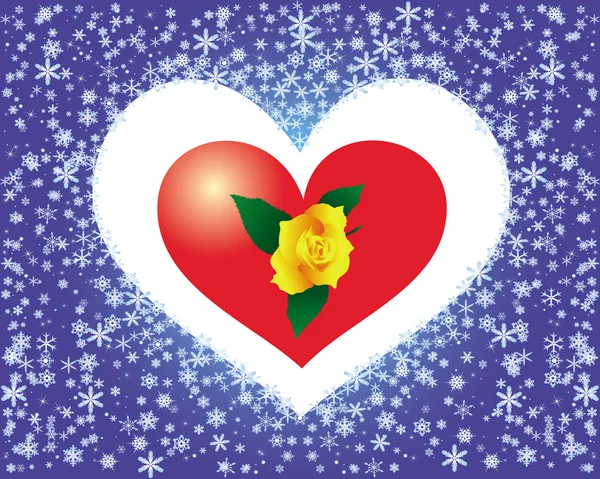 Hart van sneeuwvlokken met een gele roos — Stockvector