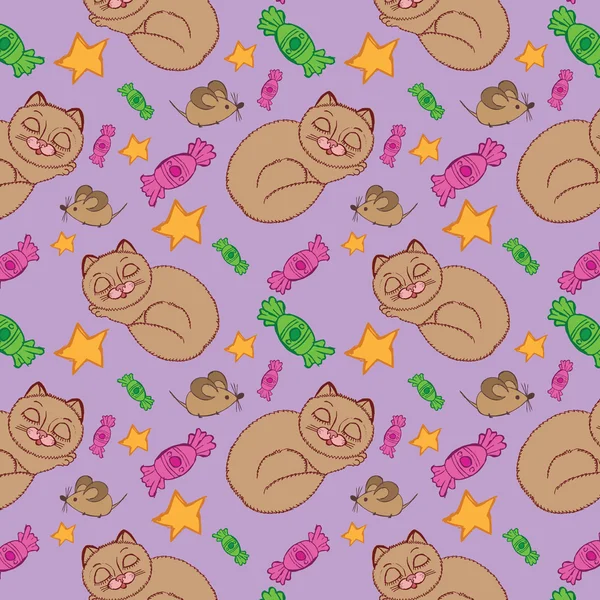 Handgezeichnetes nahtloses Muster mit Katzen, Mäusen und Süßigkeiten — Stockvektor