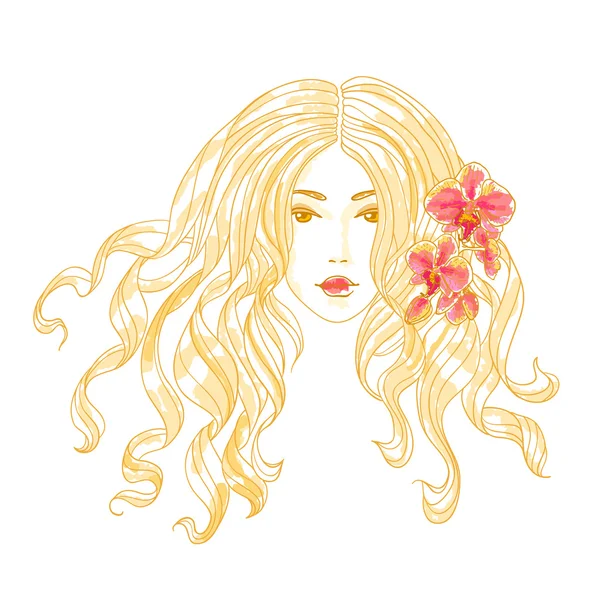 Vector portret van een meisje met orchideebloemen. — Stockvector