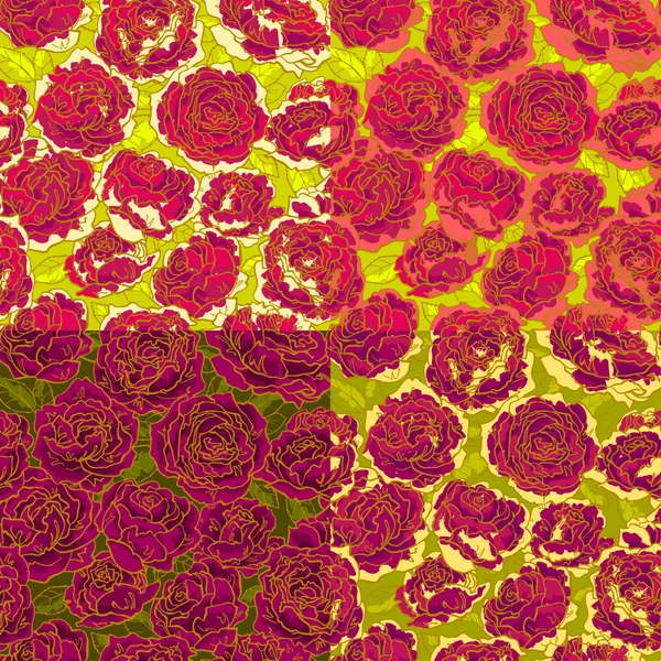 Set of four seamless pattern with red roses — Stock Vector