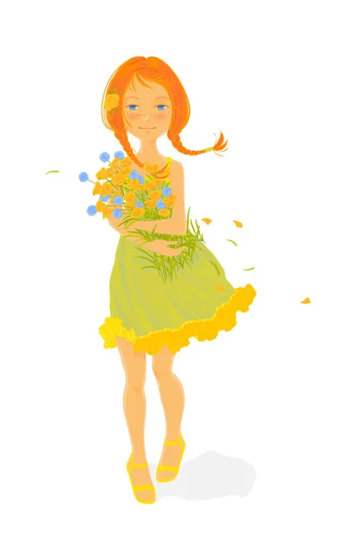 Una bella ragazza con un mazzo di fiori selvatici — Vettoriale Stock