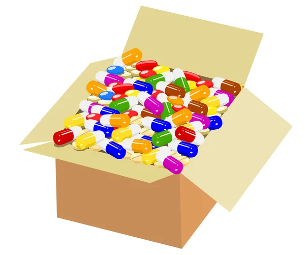 Volle Schachtel mit bunten Medikamenten — Stockvektor