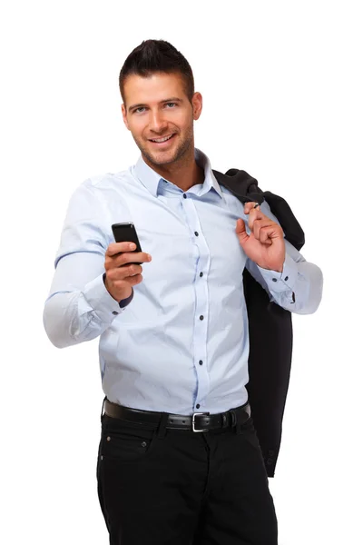 Счастливый бизнесмен с мобильным телефоном — стоковое фото