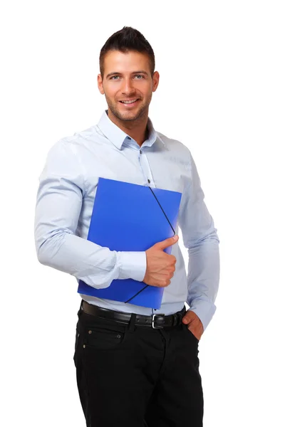 Przystojny biznesmen z folderu niebieski — Zdjęcie stockowe