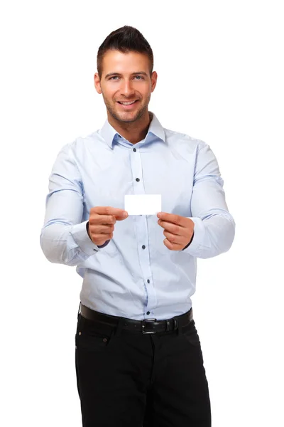 Empresário segurar um cartão de visita em branco — Fotografia de Stock