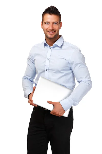 Zufriedener Geschäftsmann mit Laptop — Stockfoto
