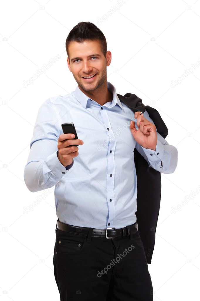 Happy businessman with cellphone