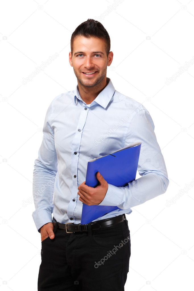 Portrait of a happy businessman with blue folder