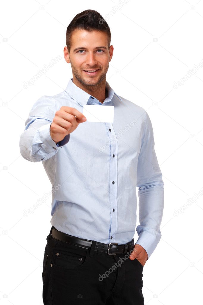 Handsome businessman with blank businesscard