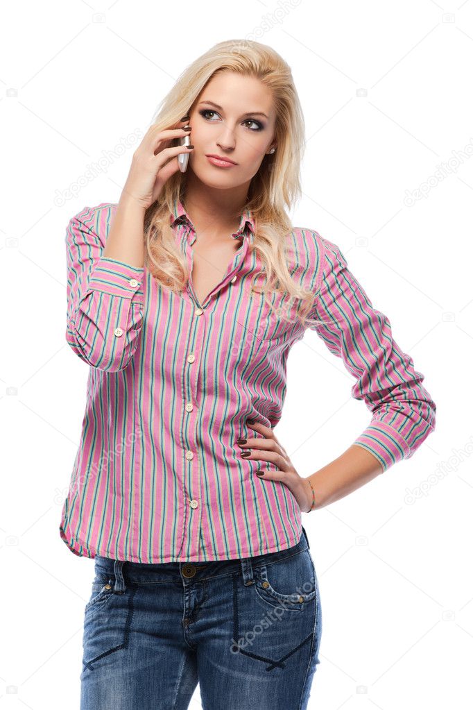 Blonde woman making a call in studio