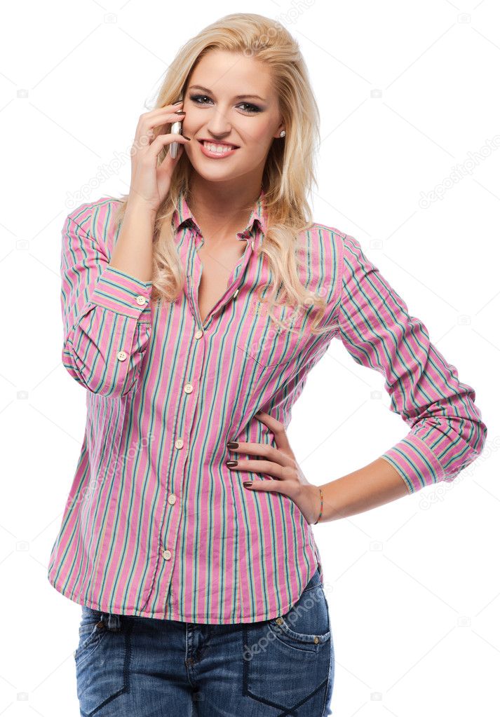 Happy blonde woman making a call