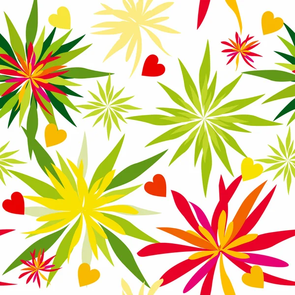 Lustiges Muster mit glücklichen Blumen und Liebesherzen. — Stockvektor