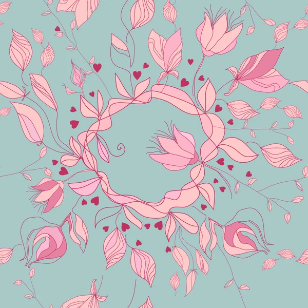 Valentijn patroon met harten en roze bloemen, vector. — Stockvector