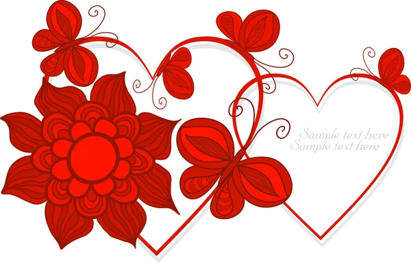 Amor corazón símbolos con mariposa y flores, vector . — Vector de stock