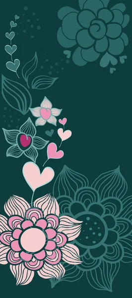 Fleurs abstraites avec des cœurs, carte vectorielle dessinée à la main — Image vectorielle